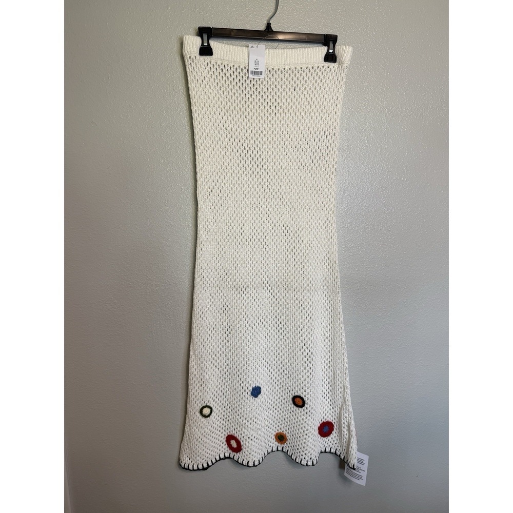 Topshop Women's Size Medium White Open Knit Embroidered Long Skirt Floral Beach